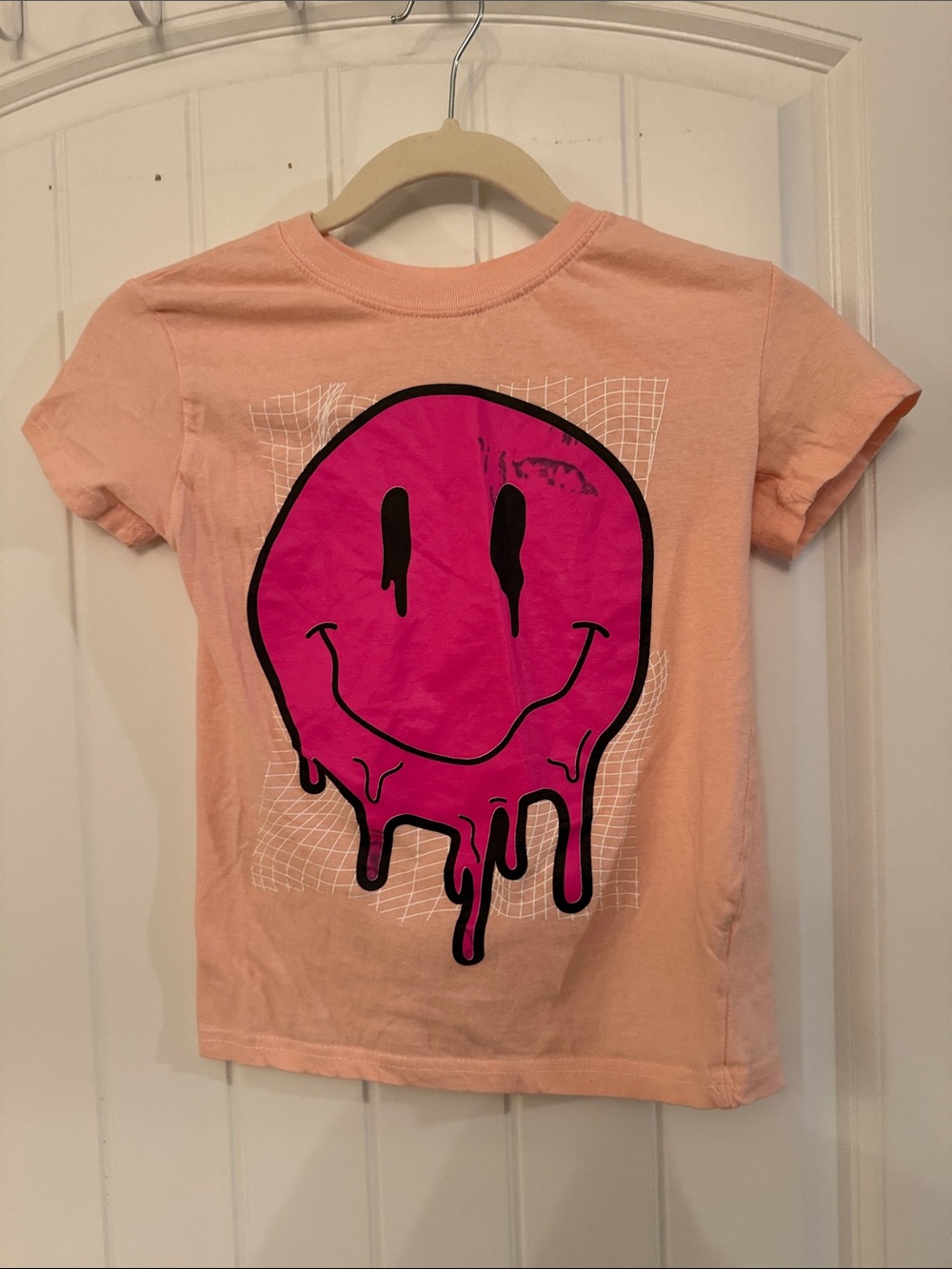Peach Tee with Hot Pink Drip Smile Graphic